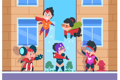 Superhero kids background. Children comic characters, cartoon happy ki