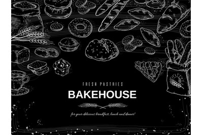 Bakery chalk background. Blackboard bread and cakes banner&2C; hand drawn