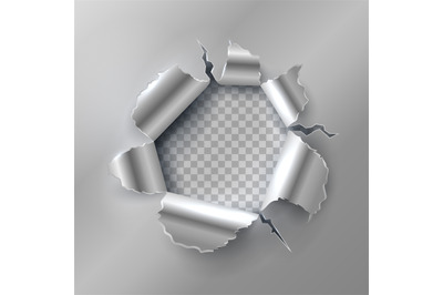 Bullet hole in metal. Opening with ripped steel edges. Vector illustra