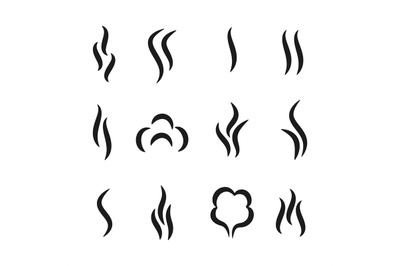 Steam aroma icons. Coffee and tea smell black symbols, set of aroma sc