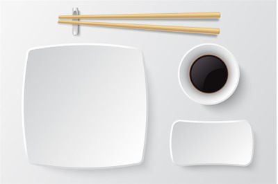 Chopsticks and empty sushi plate. Asian restaurant dishes vector mocku