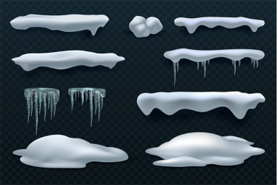 Snow caps and icicles. Snowball and snowdrift vector winter decoration