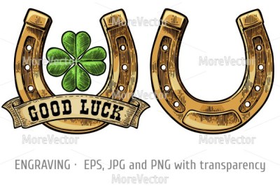 Four leaf clover, horseshoe, ribbon with text good luck. 
