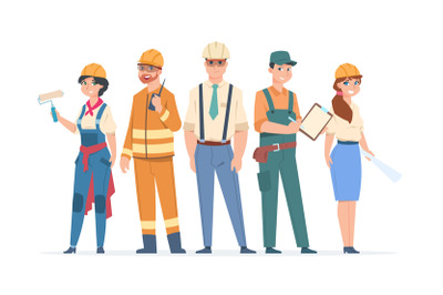 Builders and engineers characters. Construction workers and business p