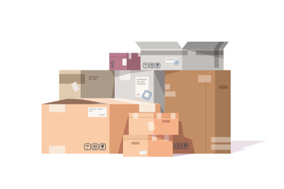 Cardboard boxes stack. Carton parcels and delivery packages pile, flat