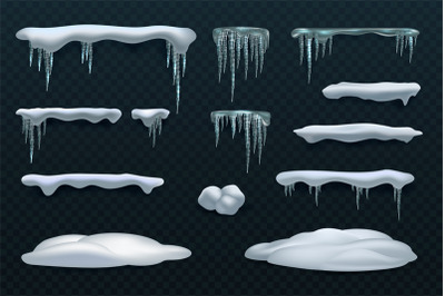 Snow elements. Snowball and snowdrift, icicles and snowcap borders. Is