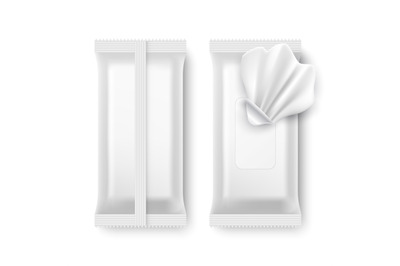 Wet wipe package. White napkin packaging isolated vector mockup