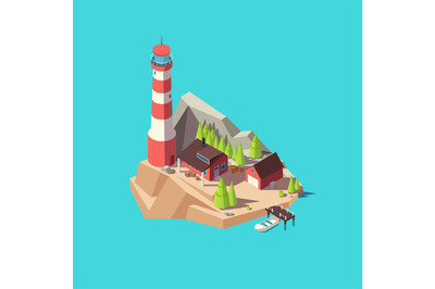 Isometric lighthouse. Island with tower and house, trees and boat at s