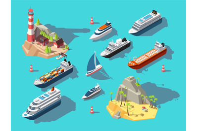 Isometric ships. Boats and sailing vessels, ocean tropical island with