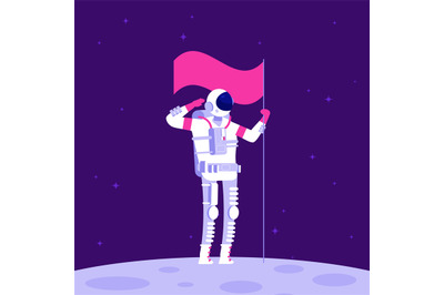 Astronaut on moon. Cosmonaut holging flag on lifeless planet in outer