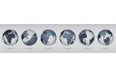 Transparent Earth globe. Realistic circle world map with USA Europa As