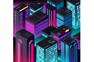 Isometric night city. 3d illuminated buildings. Future urban landscape