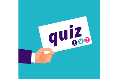 Quiz concept. Hand holding banner with quiz text. Cartoon vector illus