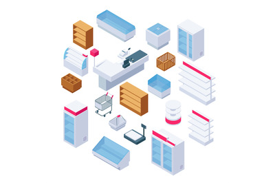 Isometric store furniture. Supermarket shelves, fridges and equipment.