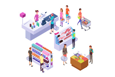 Isometric grocery store. 3d supermarket interior with shopping people