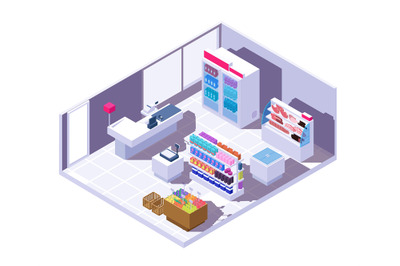 Isometric supermarket interior. 3d grocery store with food products