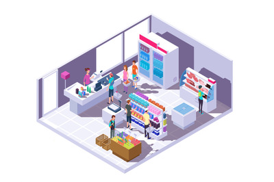 Isometric grocery store interior. Supermarket interior with shopping p