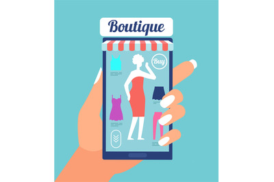 Online fashion store. Clothes shop app on mobile phone screen. Fashion