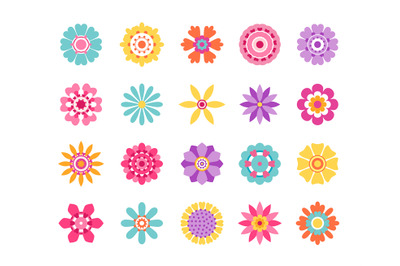 Cartoon flower icons. Cute summer stickers and nature pattern&2C; retro d