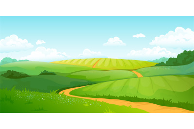 Summer fields landscape. Cartoon countryside valley with green hills b