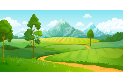 Summer mountains landscape. Cartoon nature green hills scene with blue