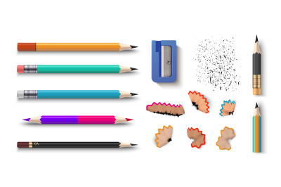 Realistic pencils. 3D colored school stationery with sharpener and sha