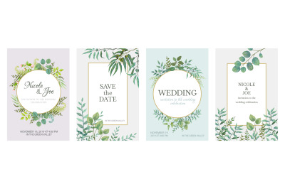 Wedding greenery posters. Floral green invitation cards with rustic ga