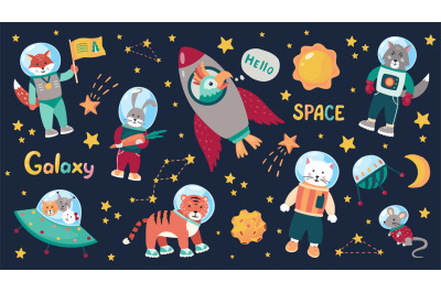 Space animal kids. Cartoon baby astronauts with stars and planets and