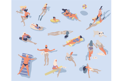 Swimming people. Cartoon characters doing summer activities in water,