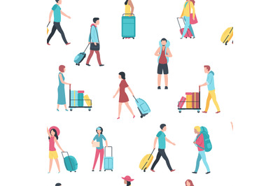 Seamless pattern with travel people. Airport tourist baggage crowd pas