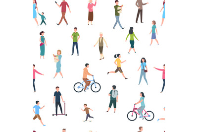 Seamless pattern with walking people. Persons in casual clothes, crowd