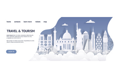 Travel and tourism landing page template. Paper cut landmarks web page