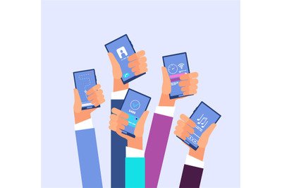 Mobile phone apps. Hands holding smartphones with different applicatio