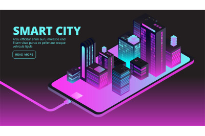 Smart city technology. Intelligent buildings in future city. Isometric