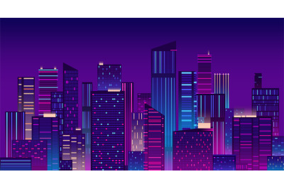 Night city. Colorful new york urban background. Modern cityscape panor