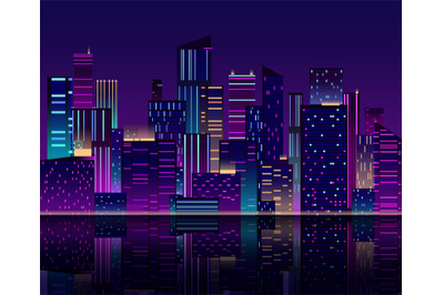 Night city skyline. Skyscraper with neon lights. Urban cityscape with