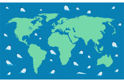 Stop world ocean pollution. Earth map with plastic bottles floating in