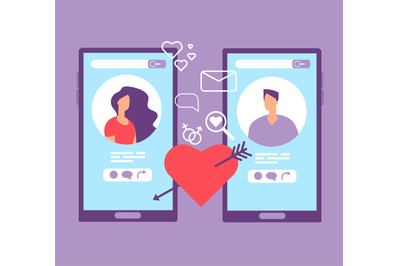 Romance online dating. Loving couple on screens of mobile phones. Dati