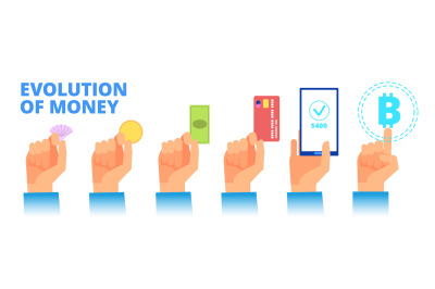 Money evolution. From cow barter to cryptocurrency transition. Vector