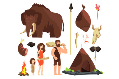 Caveman. Cartoon neolithic people characters. Prehistoric neanderthal