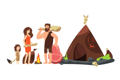 Cartoon caveman family. Prehistoric neanderthal hunters and kids. Anci