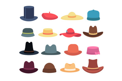 Man and woman hats. Cartoon hat and cap headdress vector isolated coll