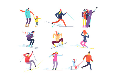 Winter sports people. Adult and children in winter clothes snowboardin