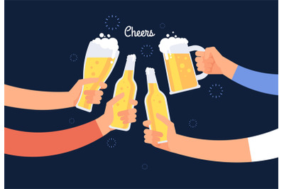 Cheering hands. Cheerful people clinking beer bottle and glasses. Happ