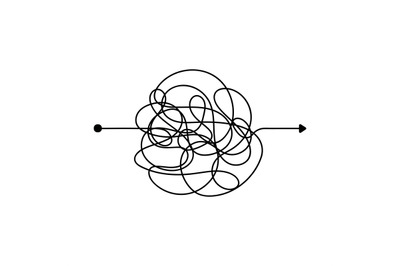 Insane messy line. Complicated clew way. Tangled scribble vector path