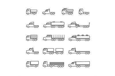 Truck line icons. Delivery trailers, cargo trukcs, dumpers and van. Tr