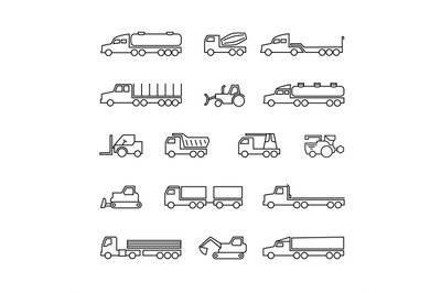 Construction machines. Trucks, tractors and heavy equipment line icons