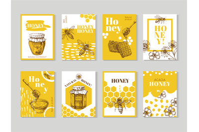 Hand drawn honey posters. Natural honey packaging with bee, honeycomb