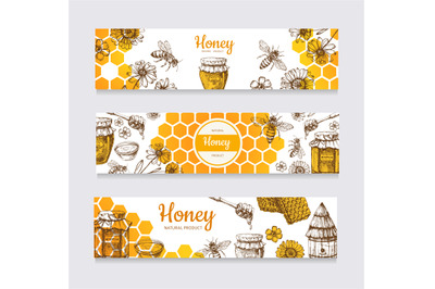 Honey banners. Vintage hand drawn bee and honeyed flower, honeycomb an