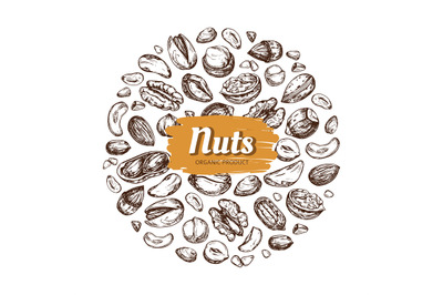 Eating nut label. Hand drawn nuts and seeds vector emblem isolated on